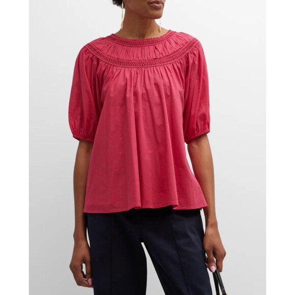 Merlette Marfa Top XS Deep Pink Woven Blouse Smocked Neckline Puff Sleeve Lined - Picture 1 of 10